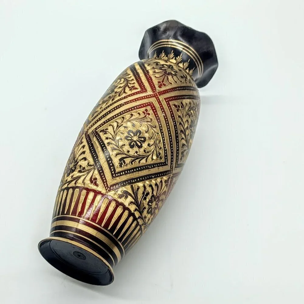 Handmade Fluted Rim Floral Geometric Etched Brass Vase